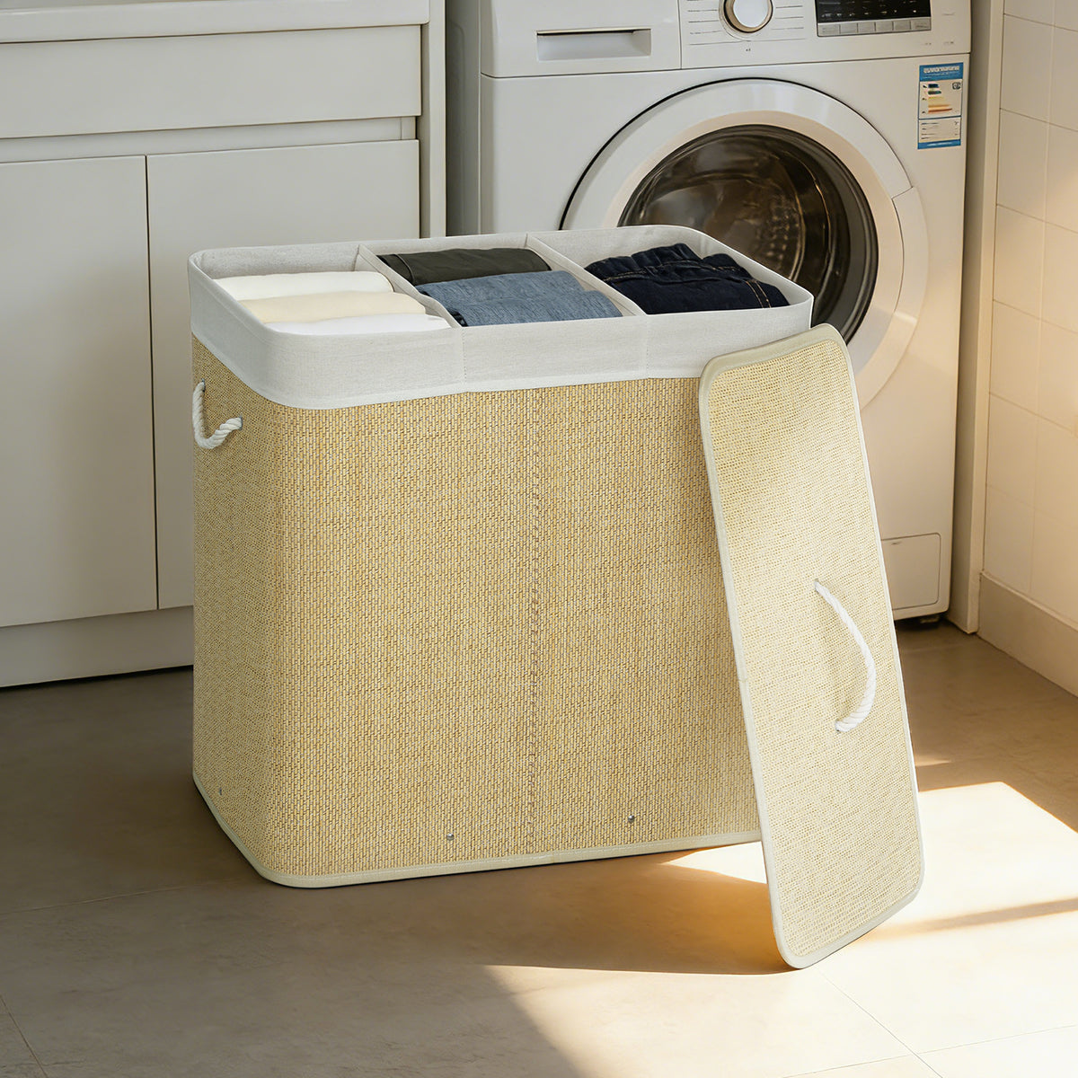 Panier à linge à trois compartiments avec couvercle, panier à linge en bambou 144 L avec poignées en corde-1