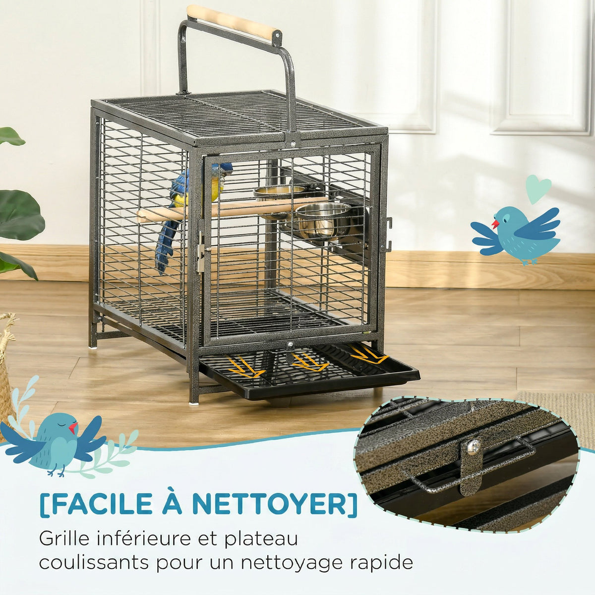Cage de transport en acier pour perroquets, cage à oiseaux avec 2 bols en acier inoxydable, 2 perchoirs, plateau, noir-3