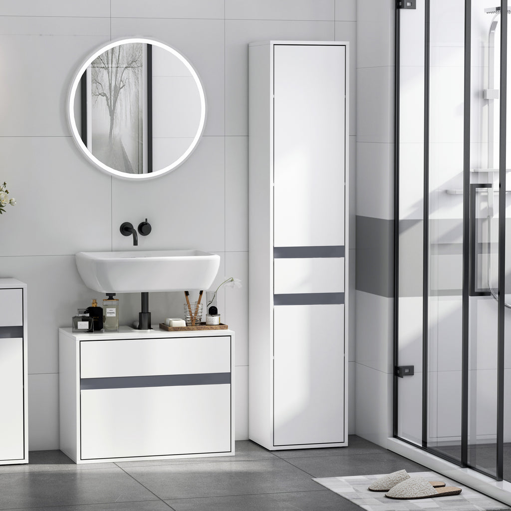 Meuble Colonne Rangement Salle de Bain Style Contemporain 2 placards 3 étagères et tiroir Coulissant Panneaux Particules Blanc-1