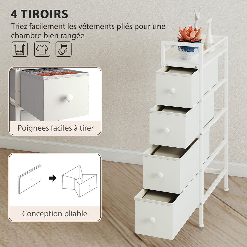 Commode 4 Tiroirs Pliables en Tissu, Meuble de Rangement Étroit, Style Moderne, Cadre en Acier, 20 x 43 x 81,5 cm Blanc-4