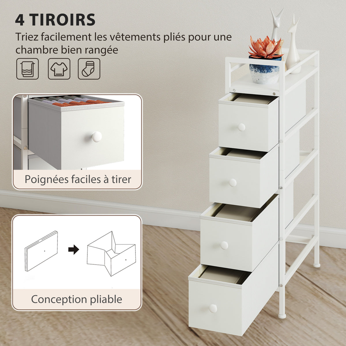 Commode 4 Tiroirs Pliables en Tissu, Meuble de Rangement Étroit, Style Moderne, Cadre en Acier, 20 x 43 x 81,5 cm Blanc-4