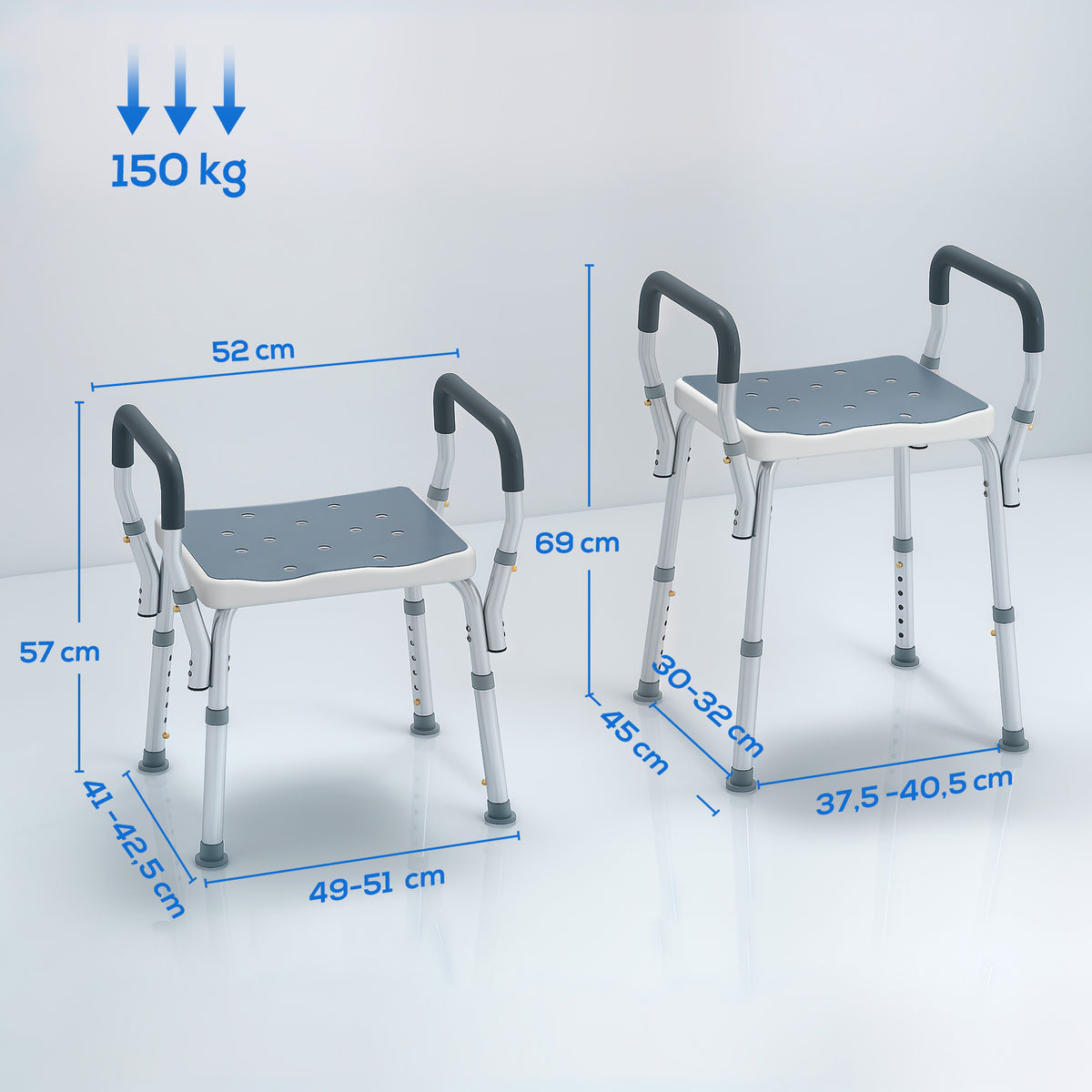 Tabouret de douche pour personnes âgées et handicapées avec accoudoirs, hauteur réglable, patins antidérapants, bleu-2