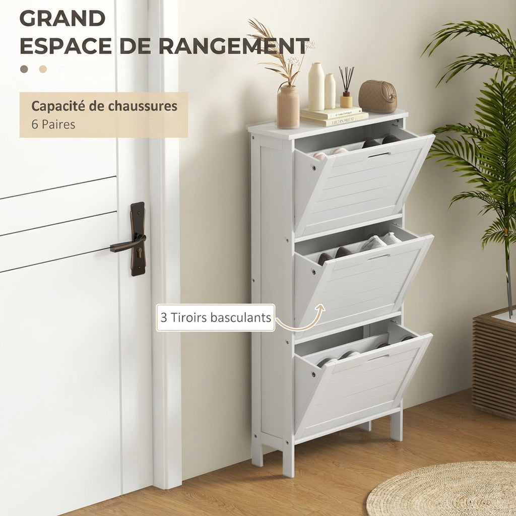 Meuble à Chaussures 6 Paires, Armoire à Chaussures Étroite Moderne, 3 Tiroirs Rabattables et Portes Persiennes, Blanc-3