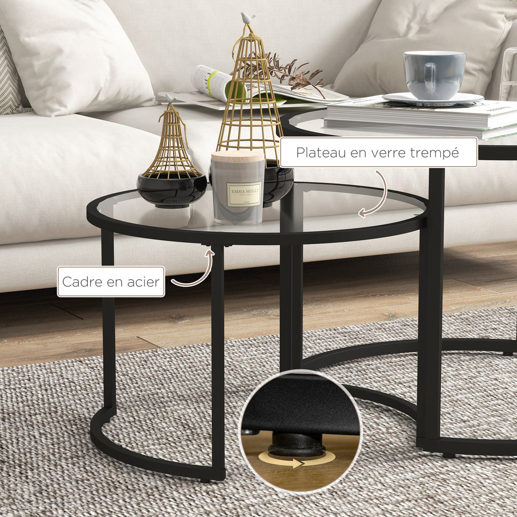 Lot de 2 tables basses gigognes rondes plateau verre trempé et pied en acier au carbone noir-5