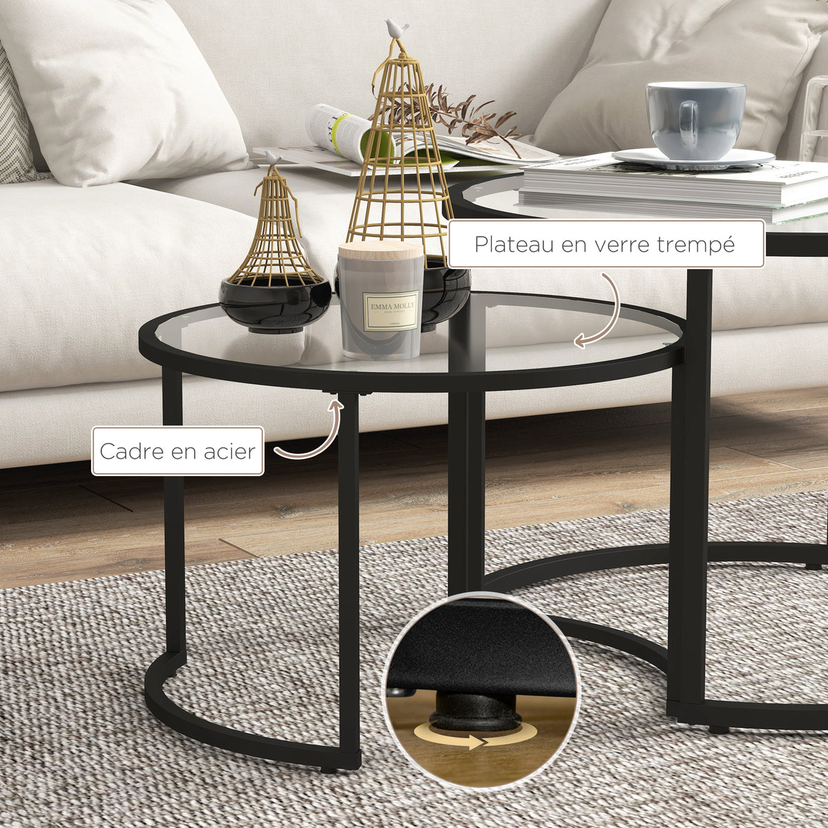 Lot de 2 tables basses gigognes rondes plateau verre trempé et pied en acier au carbone noir-5