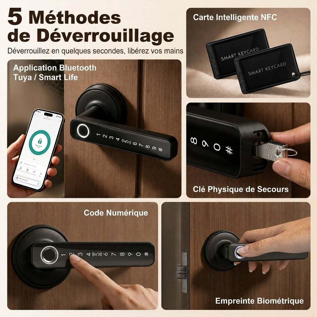 Serrure de Porte Intelligente, 5 Accès par Empreinte, Code, Carte NFC, Application Tuya/Smart Life et Clé, Noir-3
