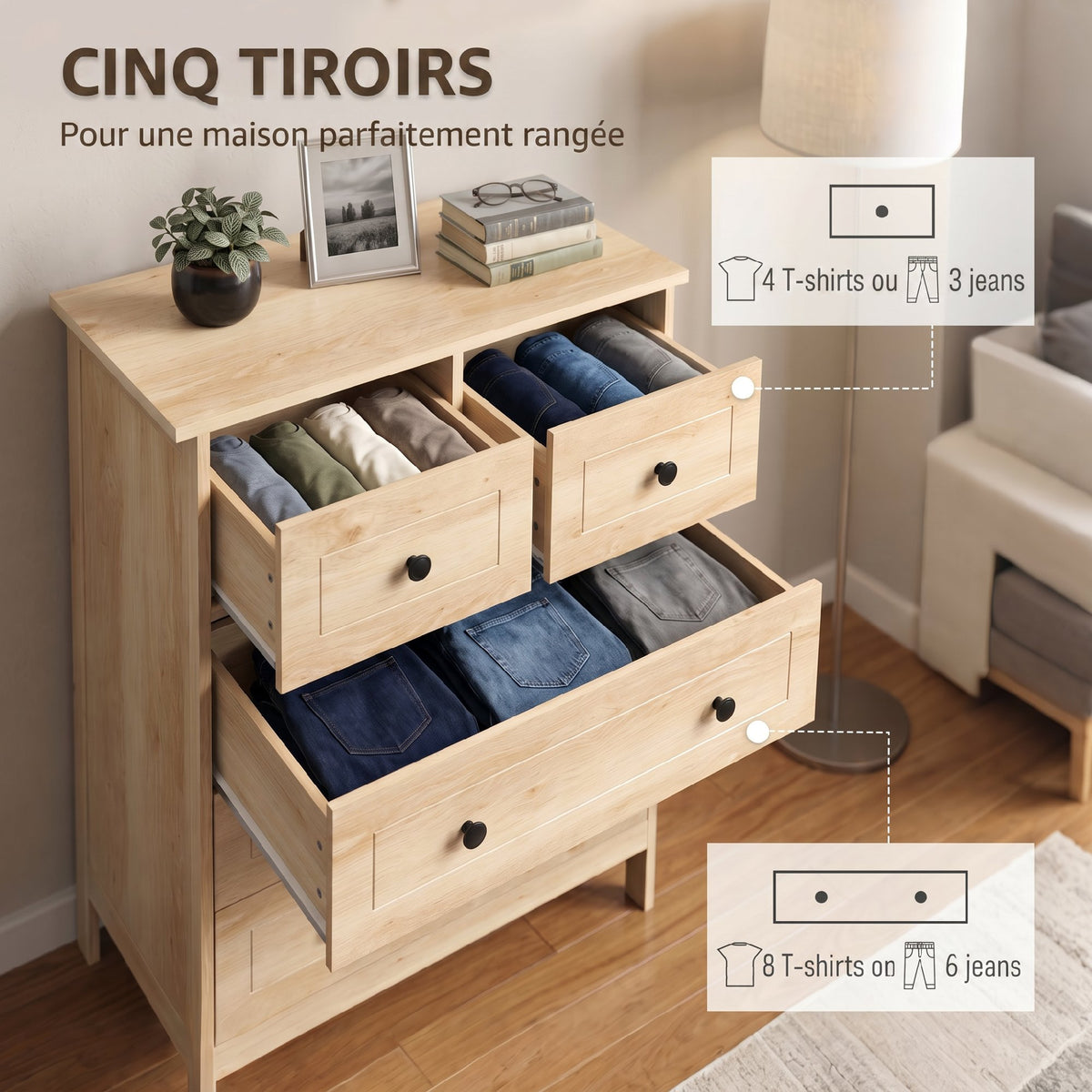 Commode meuble de rangement 5 tiroirs pour chambre, bureau, entrée, chêne et poignée métal noir-4