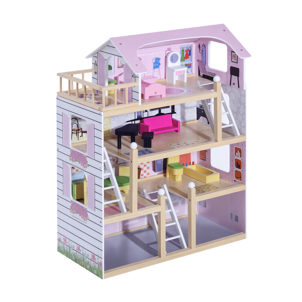 Maison de poupée en Bois Jeu d'imitation 4 Étages pour 3+ ans avec 13 Accessoires Grand réalisme Multi-équipement 60L x 30l x 80H cm Blanc et Rose-0