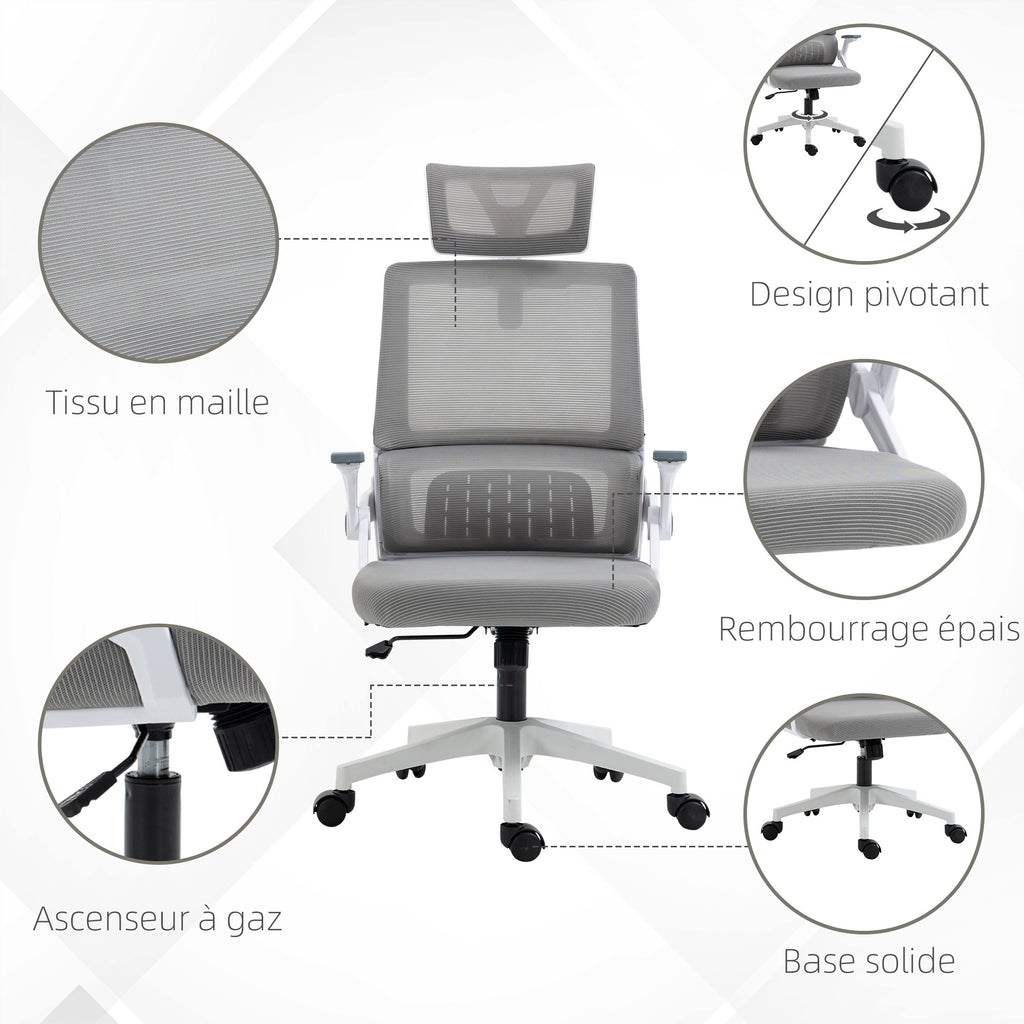 Fauteuil de bureau réglable tissu maille polyester dossier ergonomique inclinable pivotant Gris-7