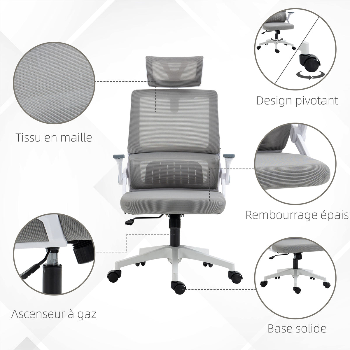 Fauteuil de bureau réglable tissu maille polyester dossier ergonomique inclinable pivotant Gris-7