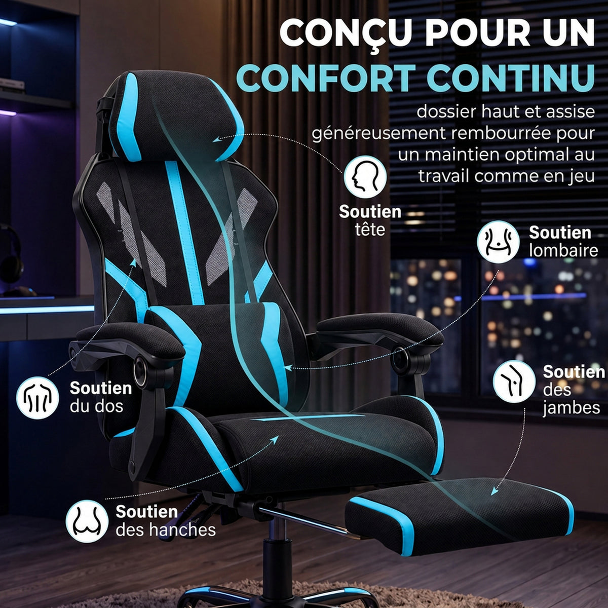 Chaise Gaming Ergonomique, Fauteuil Gaming Inclinable en Maille avec Appui-Tête Réglable, Soutien Lombaire, Noir et Bleu-4