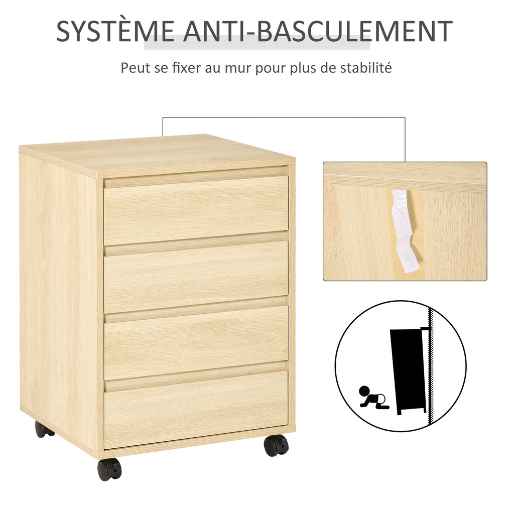 Caisson de Bureau, Rangement Bureau sur Roulettes, 4 Tiroirs Coulissants en Bois, Naturel-5