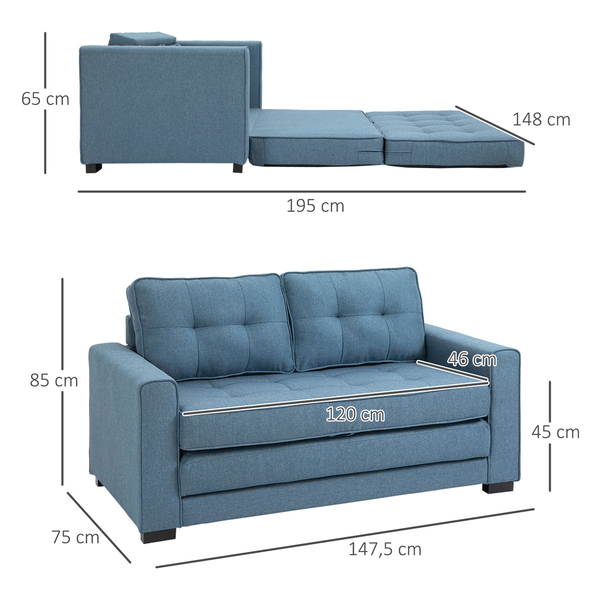 Canapé droit convertible 2 places - dossier capitonné - 147,5 x 75 x 85 cm - bleu-2