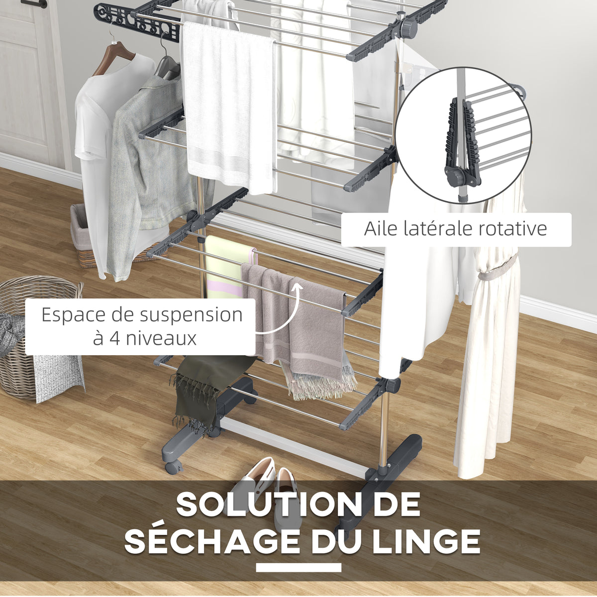 Séchoir à Linge étendoir pliable ailes latérales utilisation intérieure et extérieure 142 x 55 x 172 cm 4 niveaux gris-4