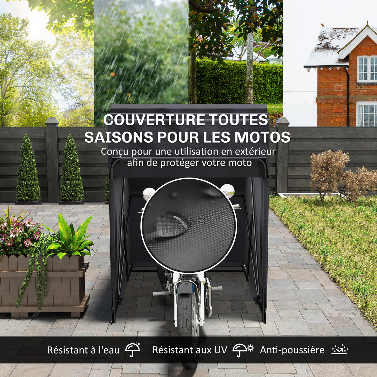 Abri de moto extérieur tente à moto housse de protection en tissu Oxford, 2 fenêtres, 345 x 135 x 191 cm, noir-3