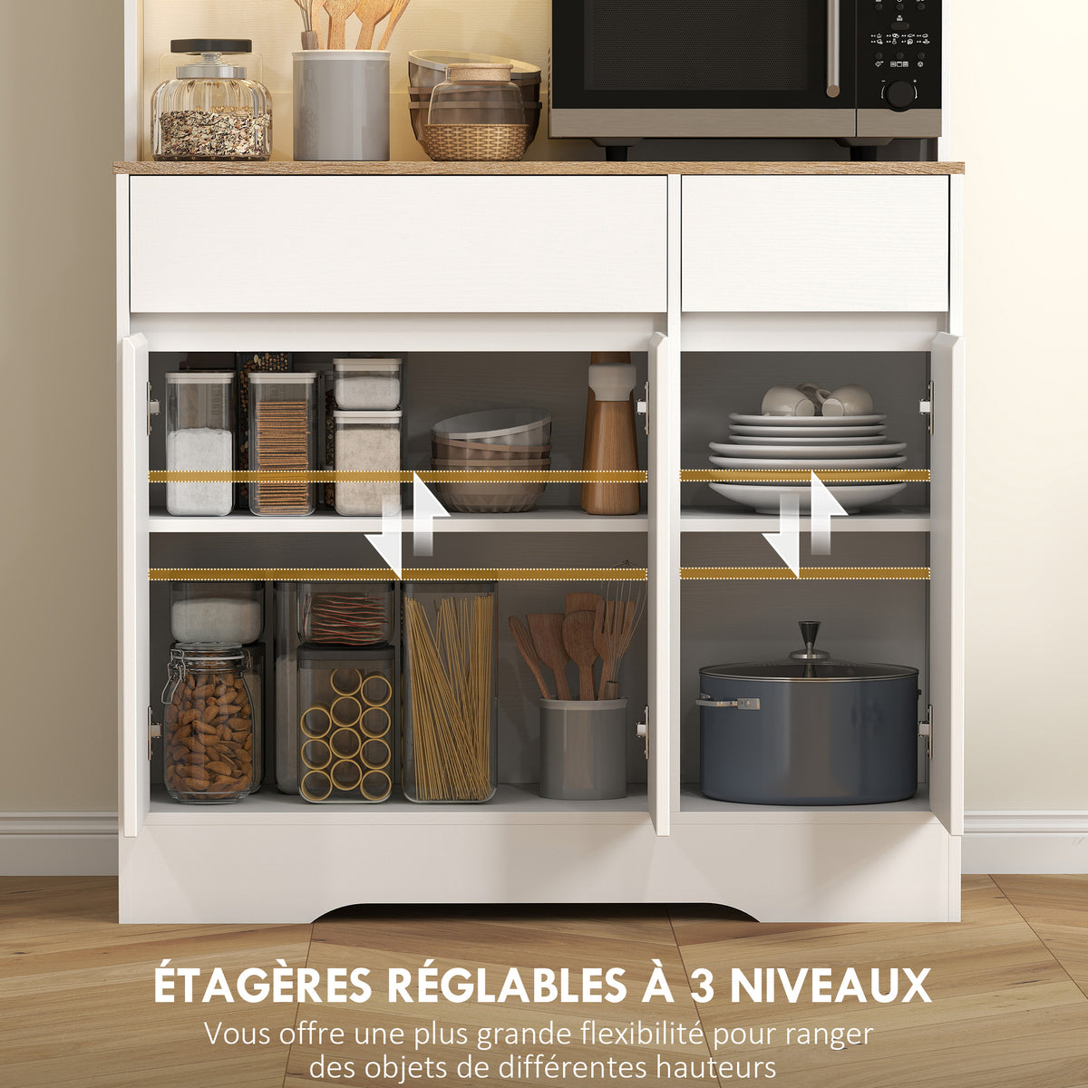 Buffet cuisine meuble cuisine rangement haut avec lumière LED RGB, plan de travail, 6 portes, 2 tiroirs, blanc-5