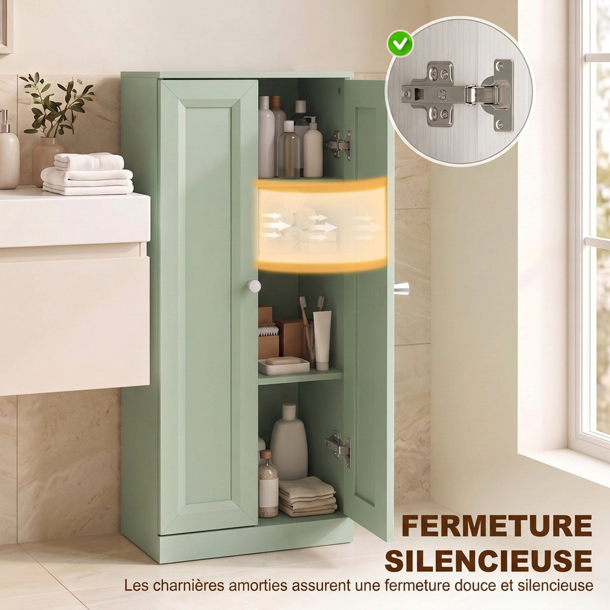 Meuble de Salle de Bain Étroit, Meuble de Rangement Sur Pied avec 2 Portes et 3 Étagères, pour Salon, Chambre, Vert-5