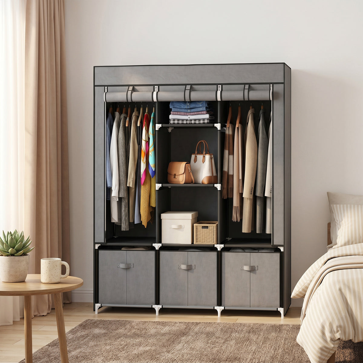 Armoire de rangement en tissu pliable avec 5 étagères, 2 tringles et 3 tiroirs en tissu 125L x 43l x 162.5H cm-1