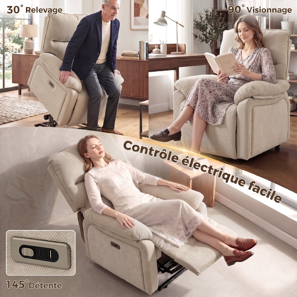 Fauteuil Releveur Électrique Massage et Chaleur Fauteuil Relax Électrique Chenille Ports USB Dossier Inclinable Crème-4
