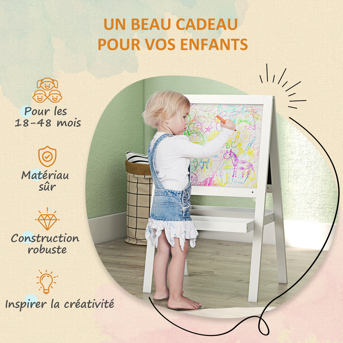 Tableau chevalet enfant 2 en 1 face ardoise magnétique et face tableau noir à craie blanc-5