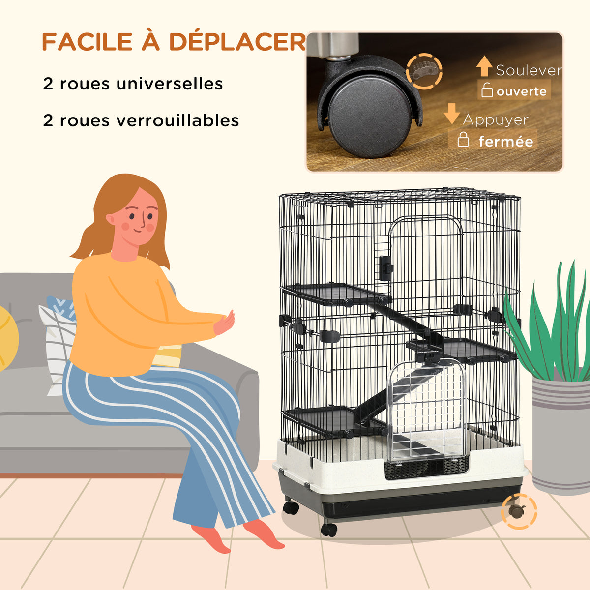 Cage pour petits animaux roulante 3 plates-formes démontables 3 rampes plateau inférieur amovible métal PP 81,2 x 52,7 x 114 cm noir-4