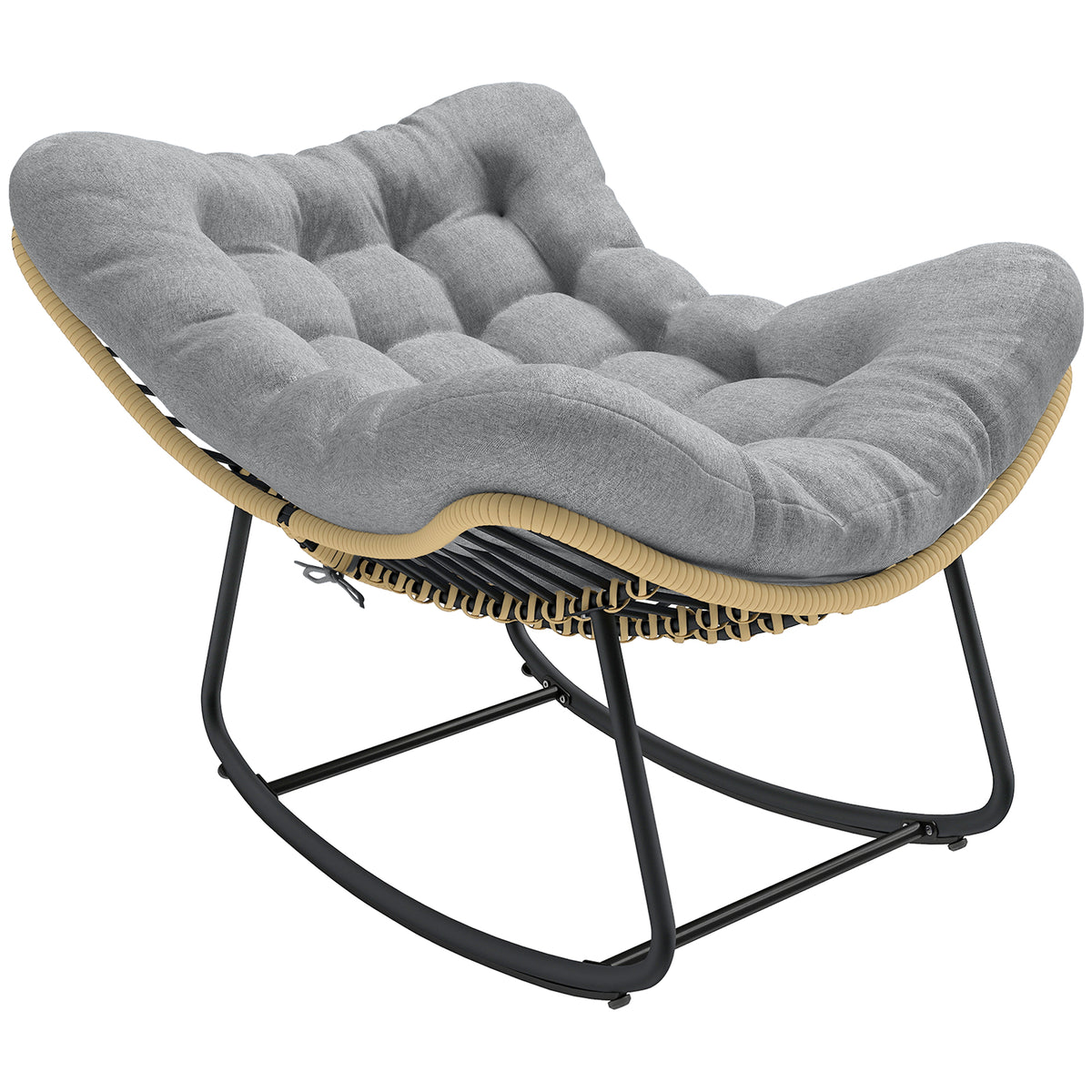 Fauteuil à bascule de jardin pour intérieur et extérieur, rocking chair en résine tressée avec coussin moelleux, gris-0