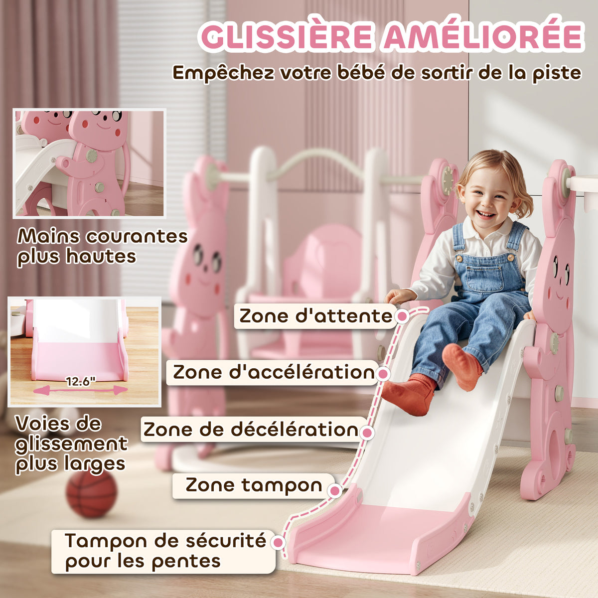 Toboggan et balançoire pour enfants 4 en 1 avec panier de basket, toboggan, balançoire, 147,5x160x107cm, rose-4