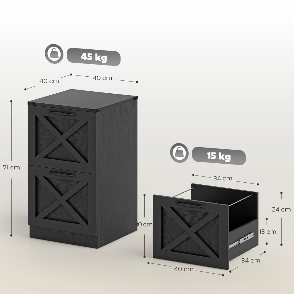Caisson de Bureau avec 2 Tiroirs, Dossiers Suspendus pour Formats Lettre/A4, Style Rustique, 40x40x71cm, Noir-2