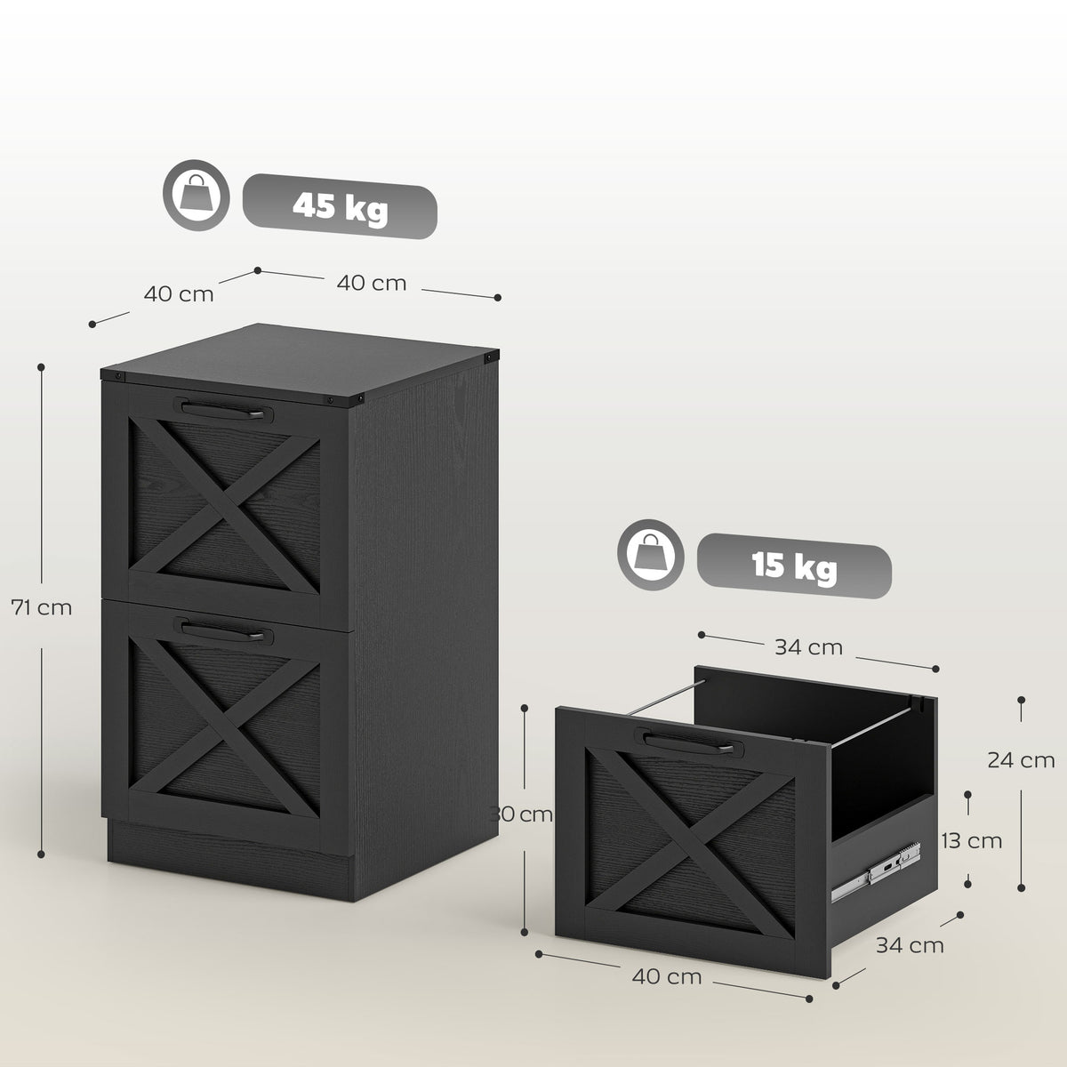 Caisson de Bureau avec 2 Tiroirs, Dossiers Suspendus pour Formats Lettre/A4, Style Rustique, 40x40x71cm, Noir-2