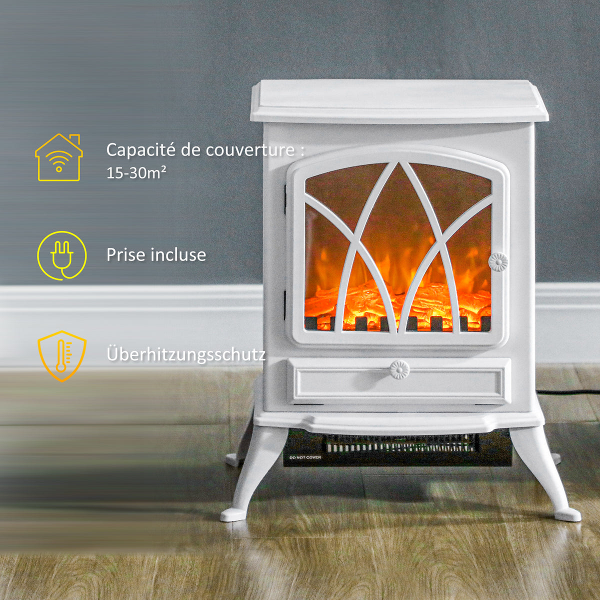 Cheminée électrique sur pied 1000/2000 W, fausse cheminée décorative avec effet flamme LED, blanc-3