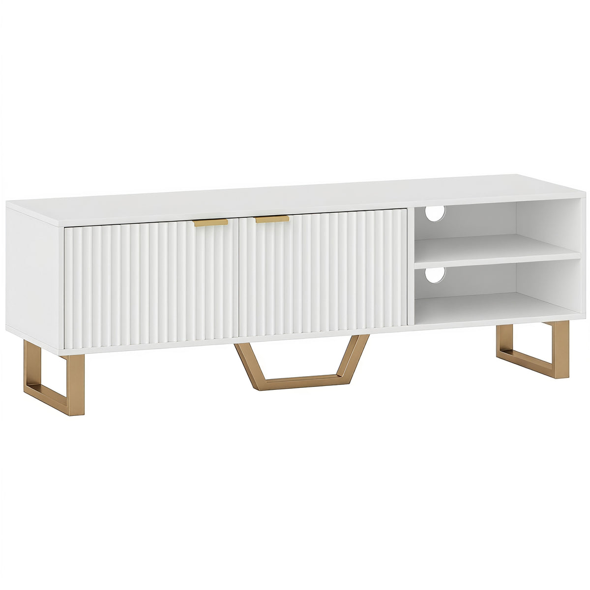 Meuble TV banc TV pour téléviseur jusqu'à 70 pouces - placard à 2 portes cannelées, compartiment ouvert et passe-câbles-0