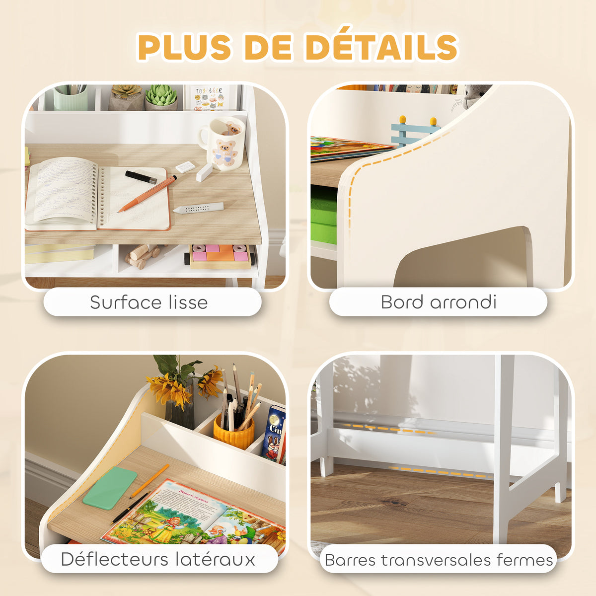 Ensemble bureau et chaise pour enfant 3 à 8 ans avec compartiments et étagères ouverts, effet bois naturel-6