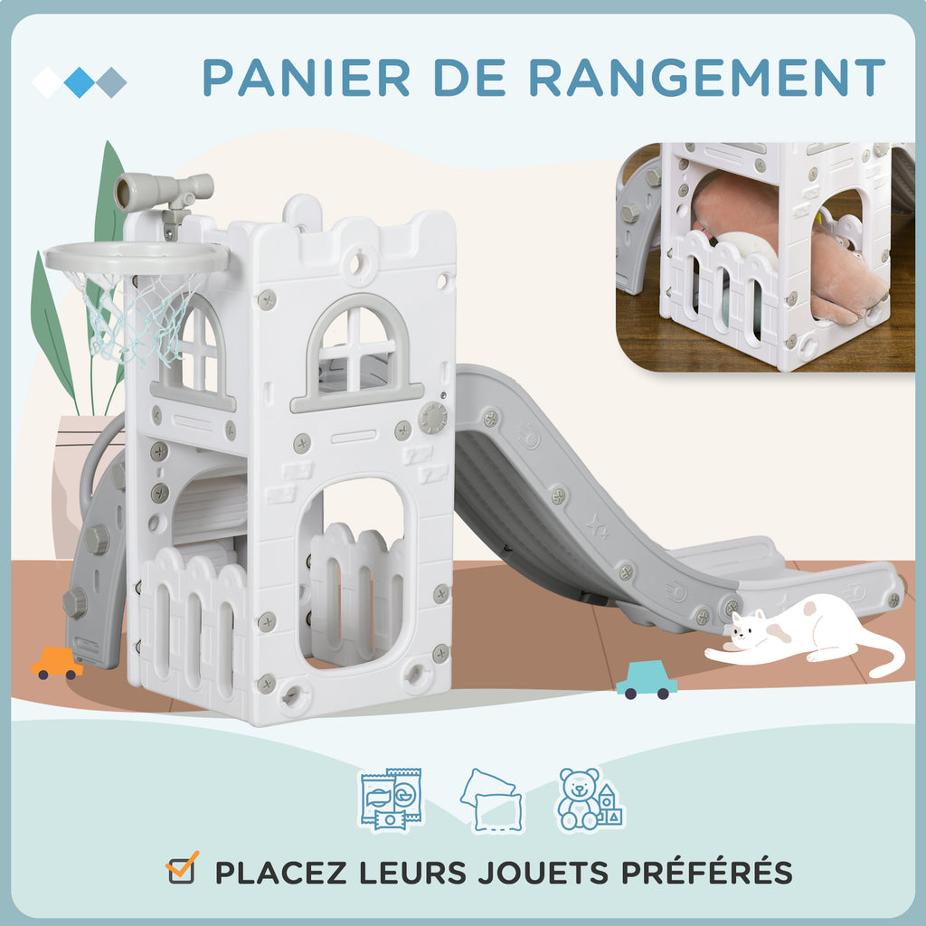 Toboggan pour enfants 5 en 1 avec panier de basket escalade télescope espace de rangement 70 x 177 x 92 cm gris-6