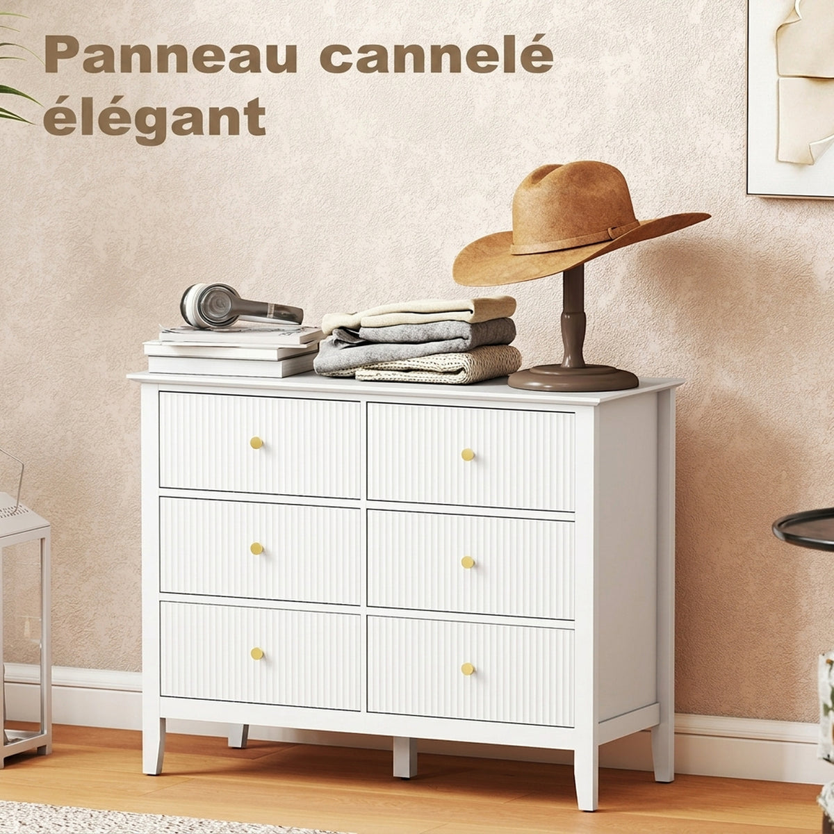 Commode à 6 Tiroirs, Meuble de Rangement, Chiffonnier avec Façades Rainurées, 100 x 40 x 78 cm, Blanc-6