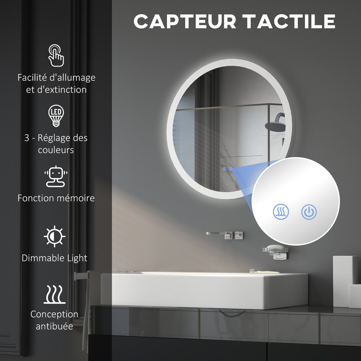 Miroir rond lumineux LED de salle de bain Ø 60 cm mural avec éclairage 3 couleurs interrupteur tactile 29 W gris-3