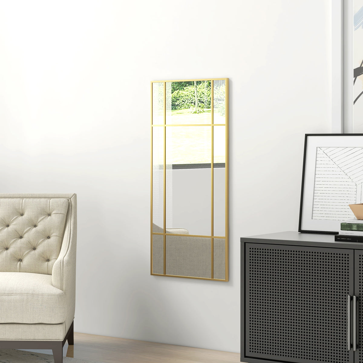 Miroir mural verrière rectangulaire style fenêtre, horizontal ou vertical avec 4 crochets, en métal doré - 110x50 cm-7