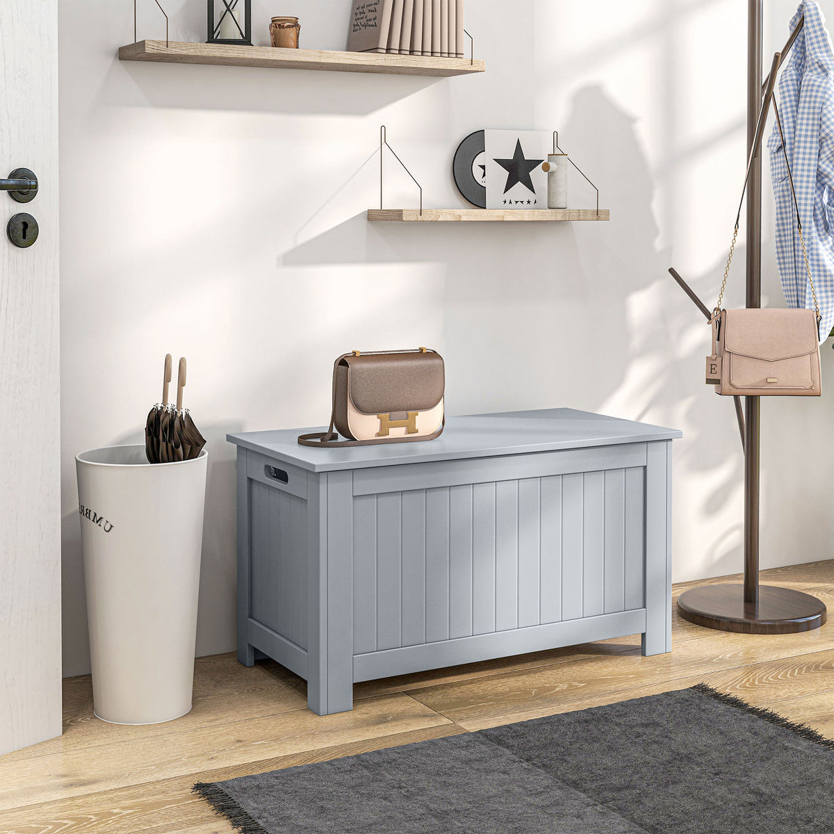 Coffre de rangement avec charnières de sécurité boîte de rangement en bois coffre à jouets couvercle rabattable gris-1