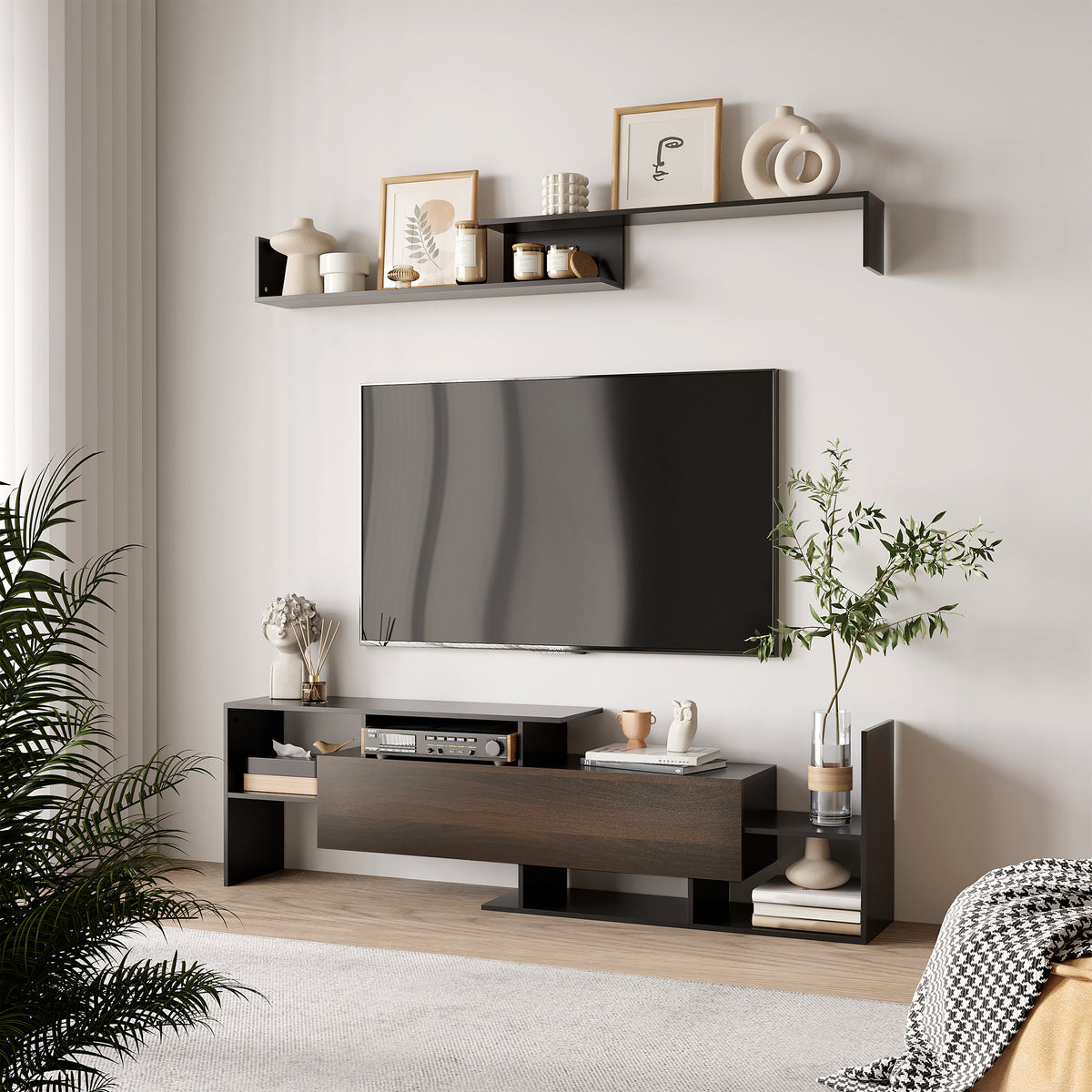 Ensemble meuble TV avec banc et étagère murale style contemporain 153,6L cm - noir-9