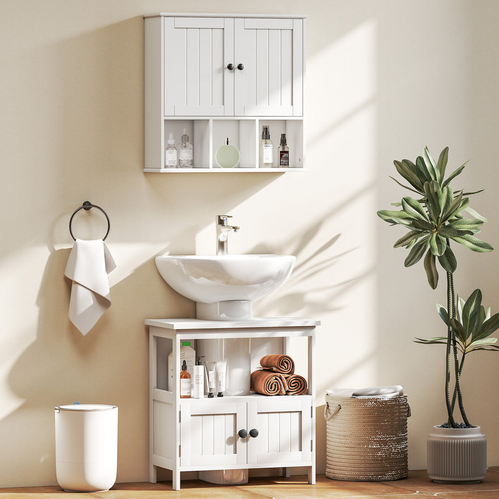 Armoire murale de salle de bain, meuble de rangement avec 2 portes, étagère réglable et compartiments ouverts, blanc-7