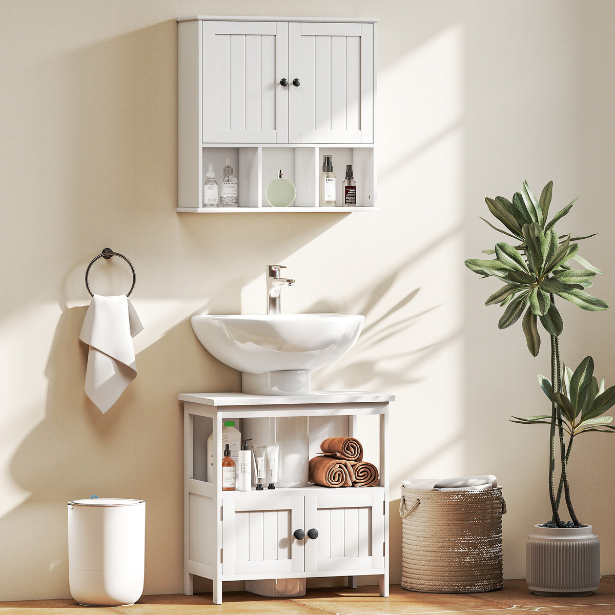 Armoire murale de salle de bain, meuble de rangement avec 2 portes, étagère réglable et compartiments ouverts, blanc-7