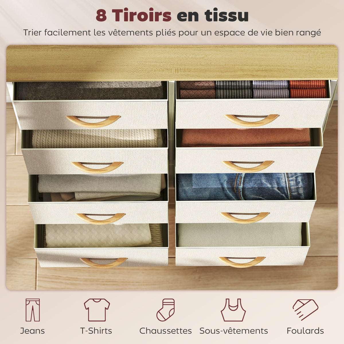 Commode 8 tiroirs en tissu, meuble de rangement avec 4 poches, 2 crochets, structure en acier, 86 x 30 x 94,5 cm, beige-3