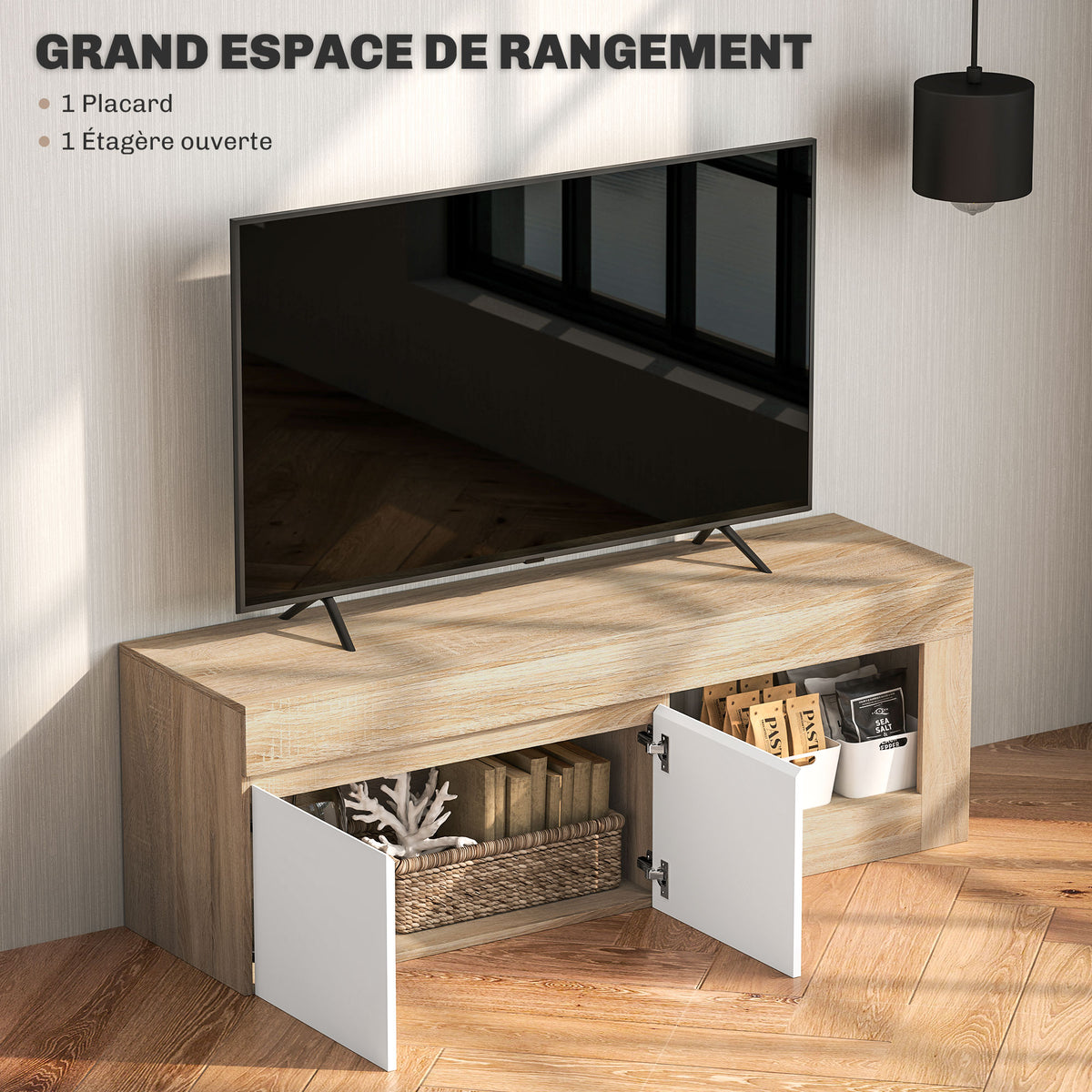 Meuble TV 2 portes pour téléviseurs jusqu'à 60 pouces, meuble télé avec placard et étagère ouverte, effet bois naturel-4