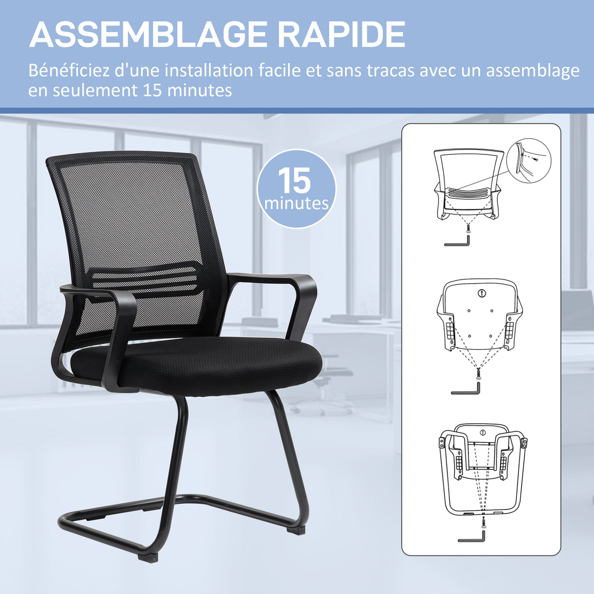 Chaise de bureau en maille sans roulettes, base en traîneau, pour salle de conférence, attente, réception, noir-6