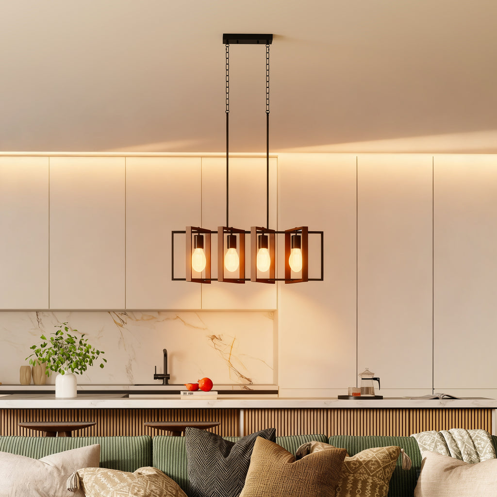 Suspension luminaire moderne, lustre plafonnier avec 4 cadres rotatifs et hauteur réglable, 80 x 21 x 90-130 cm, noyer-1