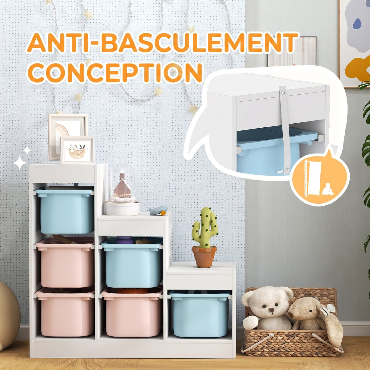 Meuble de rangement pour jouets des enfants avec 6 bacs amovibles, 3 niveaux de rangement, 96 x 38,5 x 90, multicolore-5