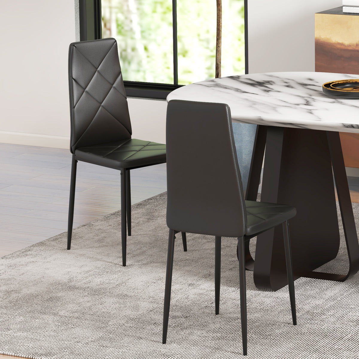 Lot de 2 chaises de salle à manger avec dossier haut, revêtement synthétique et pieds en acier, noir-9