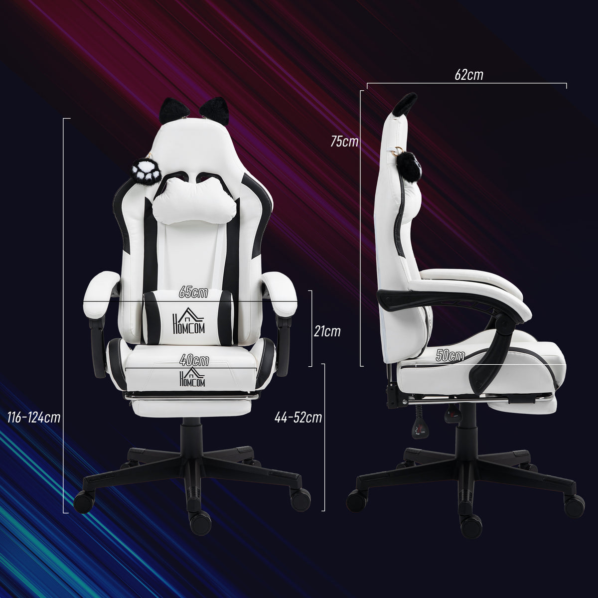 Chaise gaming ergonomique avec Oreilles de Chat, fauteuil gamer avec dossier inclinable, 65 x 62 x 124 cm, blanc-2