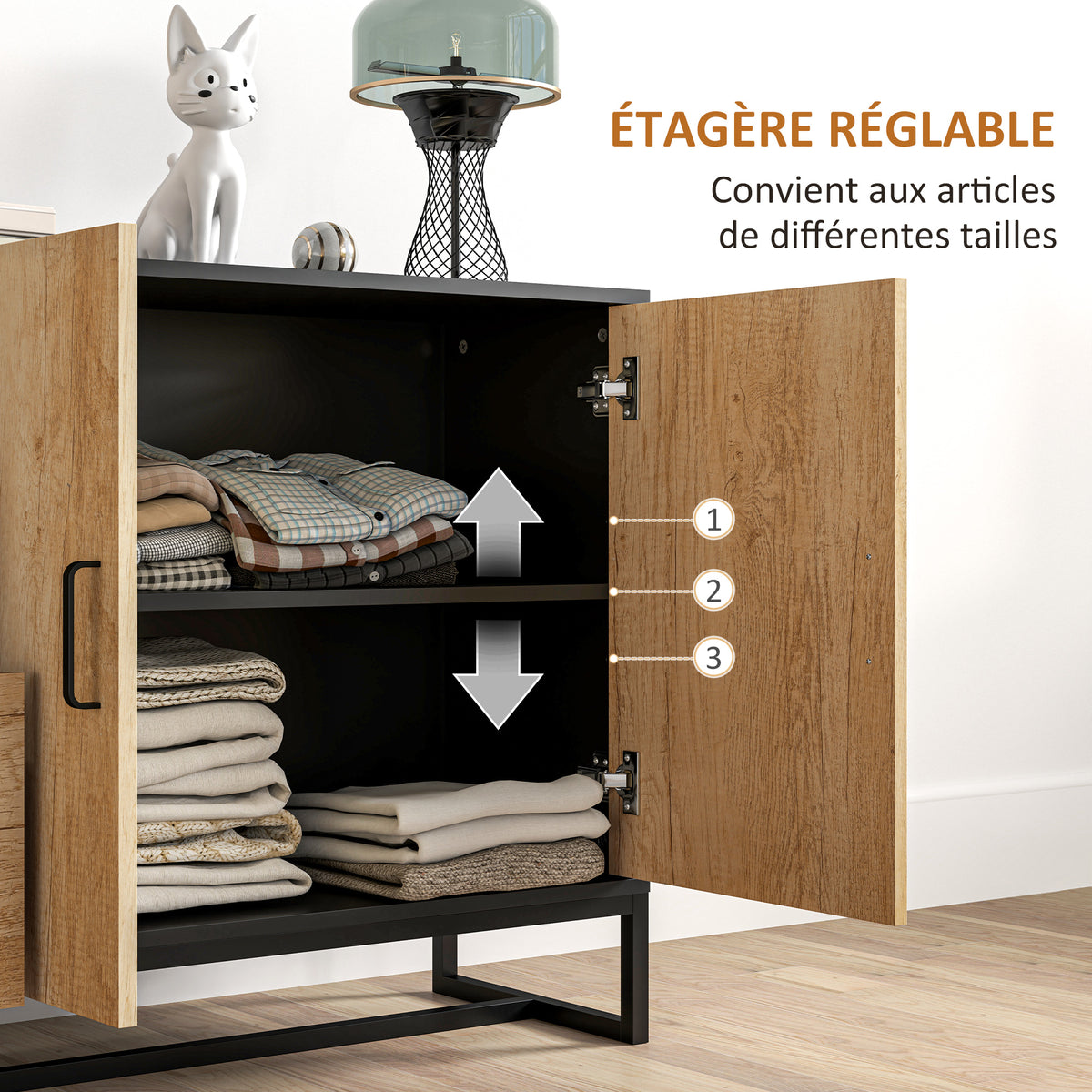 Buffet salon meuble de rangement avec 3 tiroirs et étagère réglable, pieds en acier, poignées en alliage d'aluminium-4