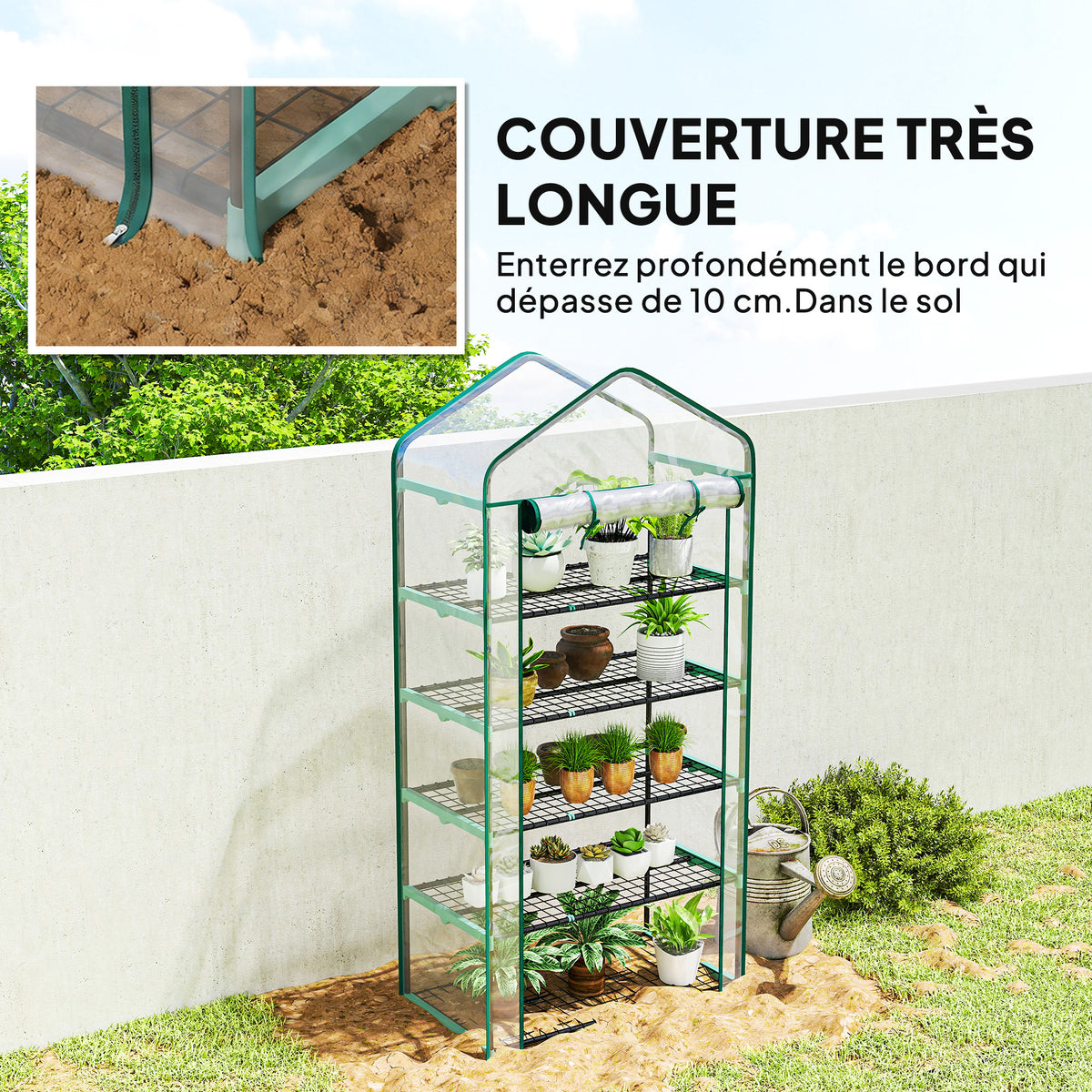 Serre de jardin PVC avec étagères 5 niveaux, serre de balcon, châssis en acier, porte zippée, 90x49x193cm, transparent-7