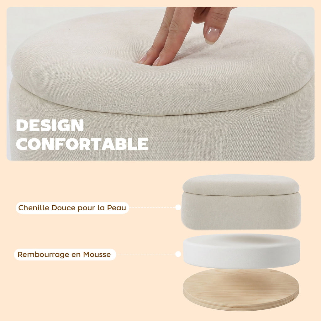Pouf de Rangement en Chenille avec Couvercle, Tabouret Rond pour Salon et Chambre, Beige-5